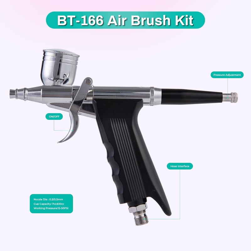 MDBTTOOLS Airbrush Kit, 50 PSI, 0.3mm Nozzle, Air brush Gun Set for Nails Art, Cakes,Makeup, Painting, Cookie, Clothes, Paint, Cleaning Machine(ACK-BT166K) - Image 2